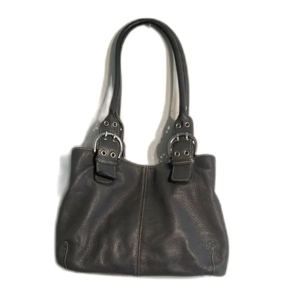 TIGNANELLO Medium Gray Pebbled Leather Shoulder Tote Satchel Purse Bag GUC